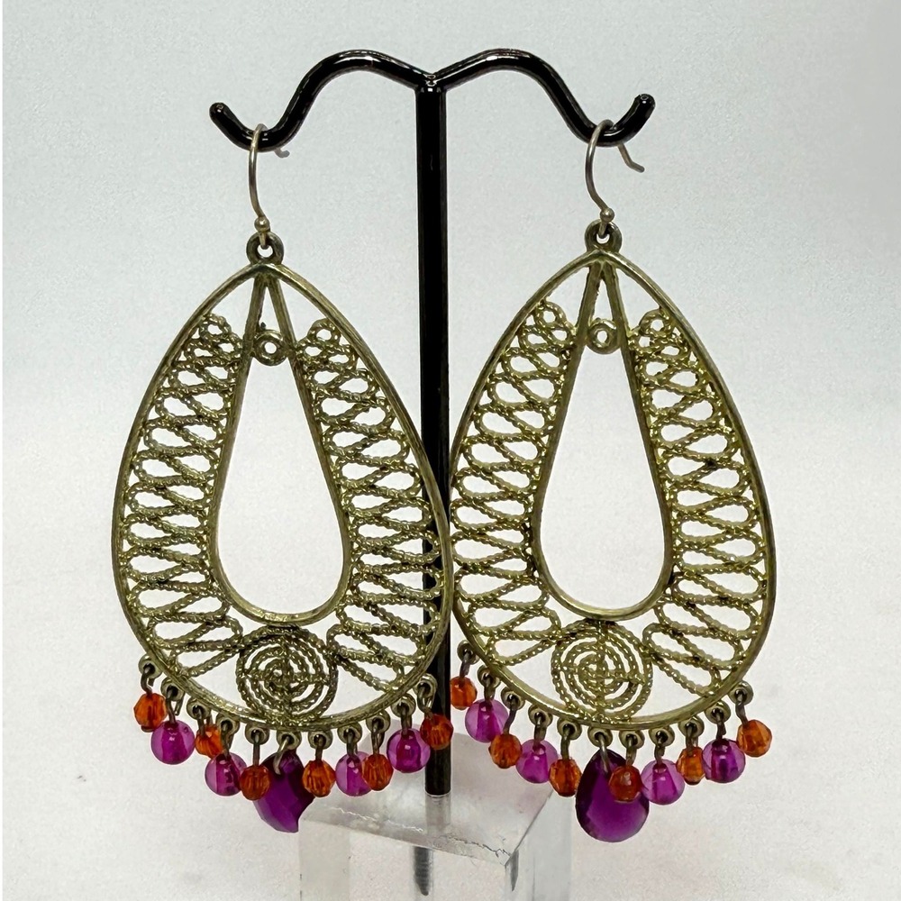 Vintage Filigree Teardrop Dangle Earrings Brass Tone Beaded Fringe